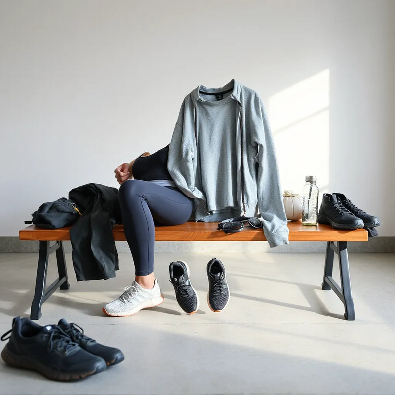 Neatly arranged athletic wear and running shoes on a bench in a bright gym studio