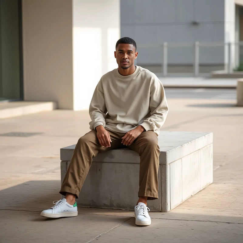 Neutral street outfit with an oversized sweatshirt and tailored trousers in soft natural light