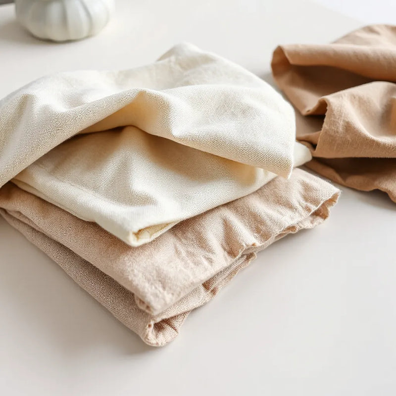 Folded fabric swatches showing distinct textures of cotton, wool, and linen under soft natural light
