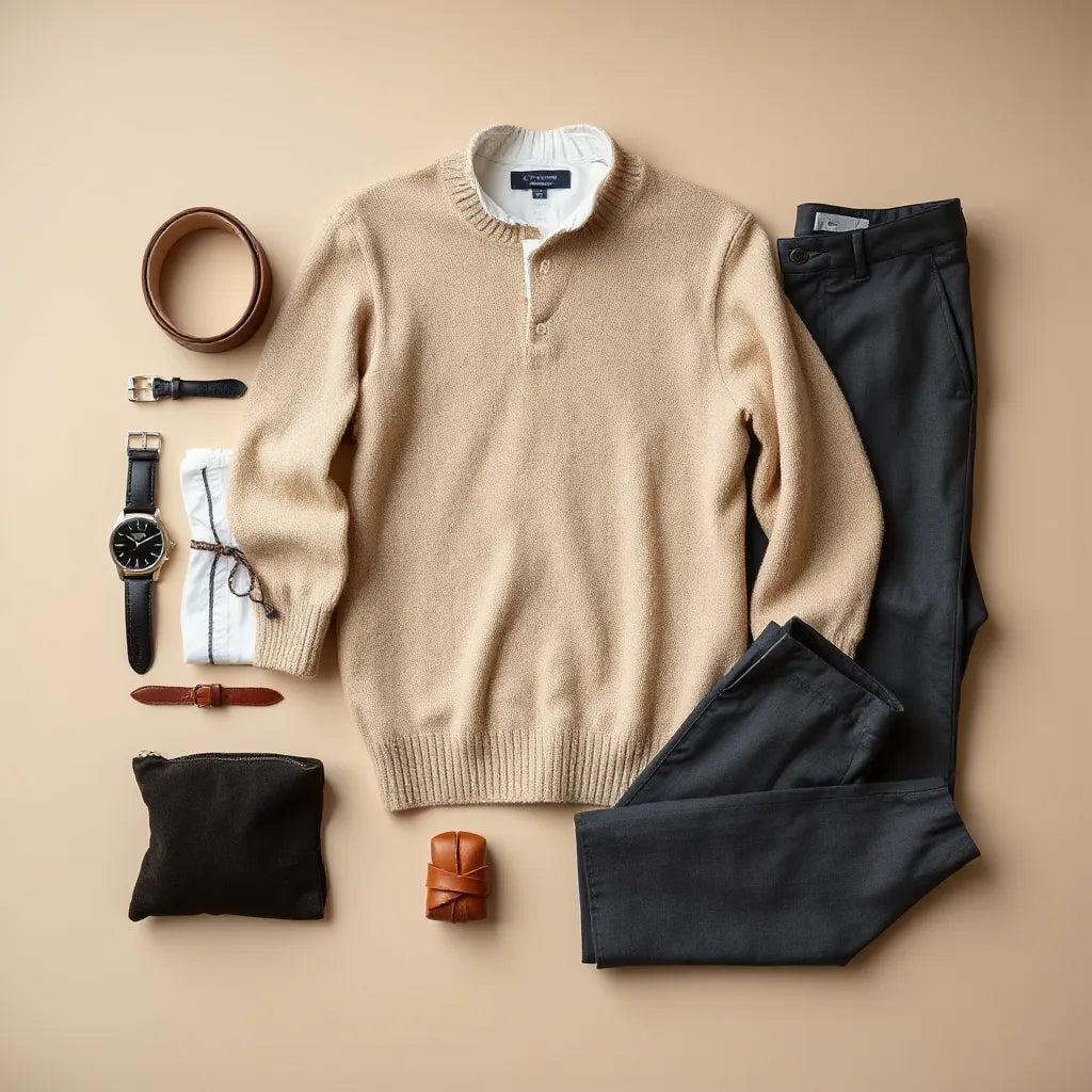 Tailored luxury menswear essentials laid out neatly: sweater, shirt, belt, watch, and trousers.