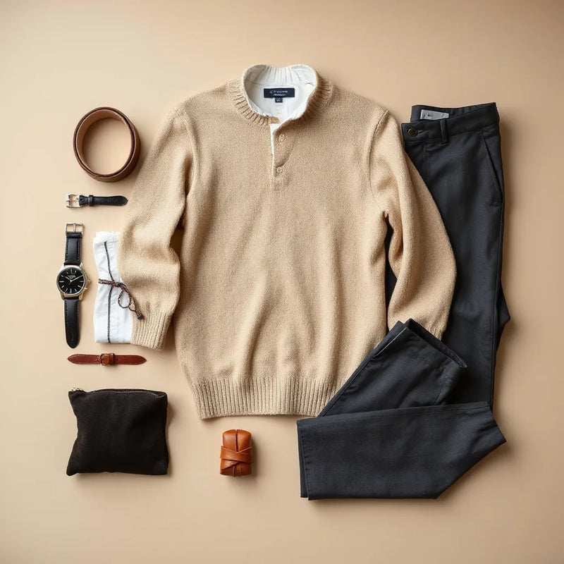 Tailored luxury menswear essentials laid out neatly: sweater, shirt, belt, watch, and trousers.