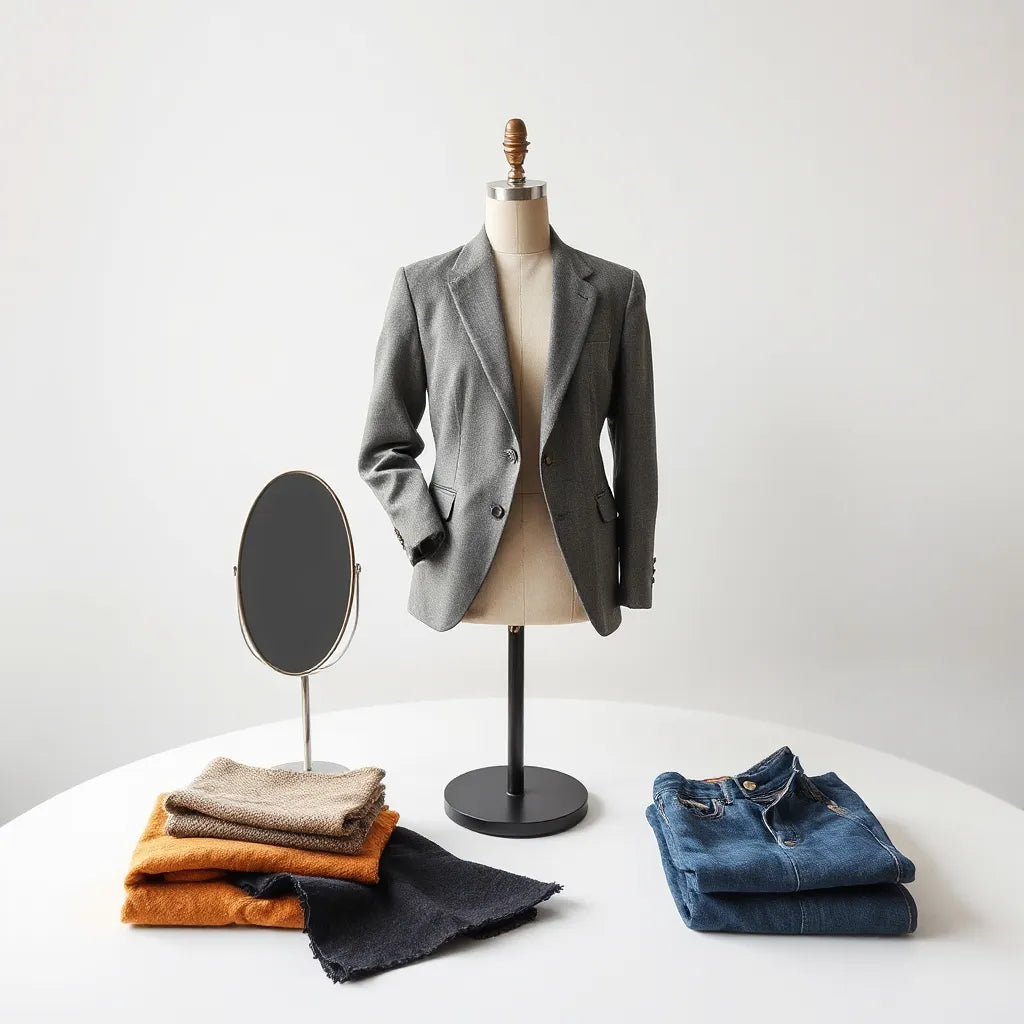 Modern outfit styling on a mannequin with tailored blazer and sleek trousers in a clean studio setting