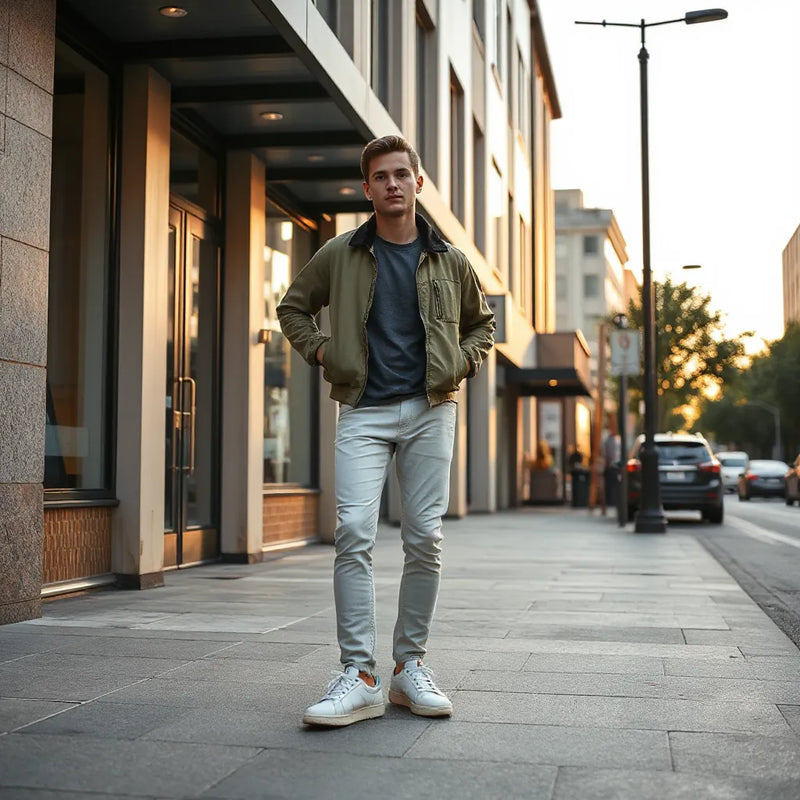 Casual urban outfit with jacket, tee, relaxed pants, and clean sneakers on a quiet city street
