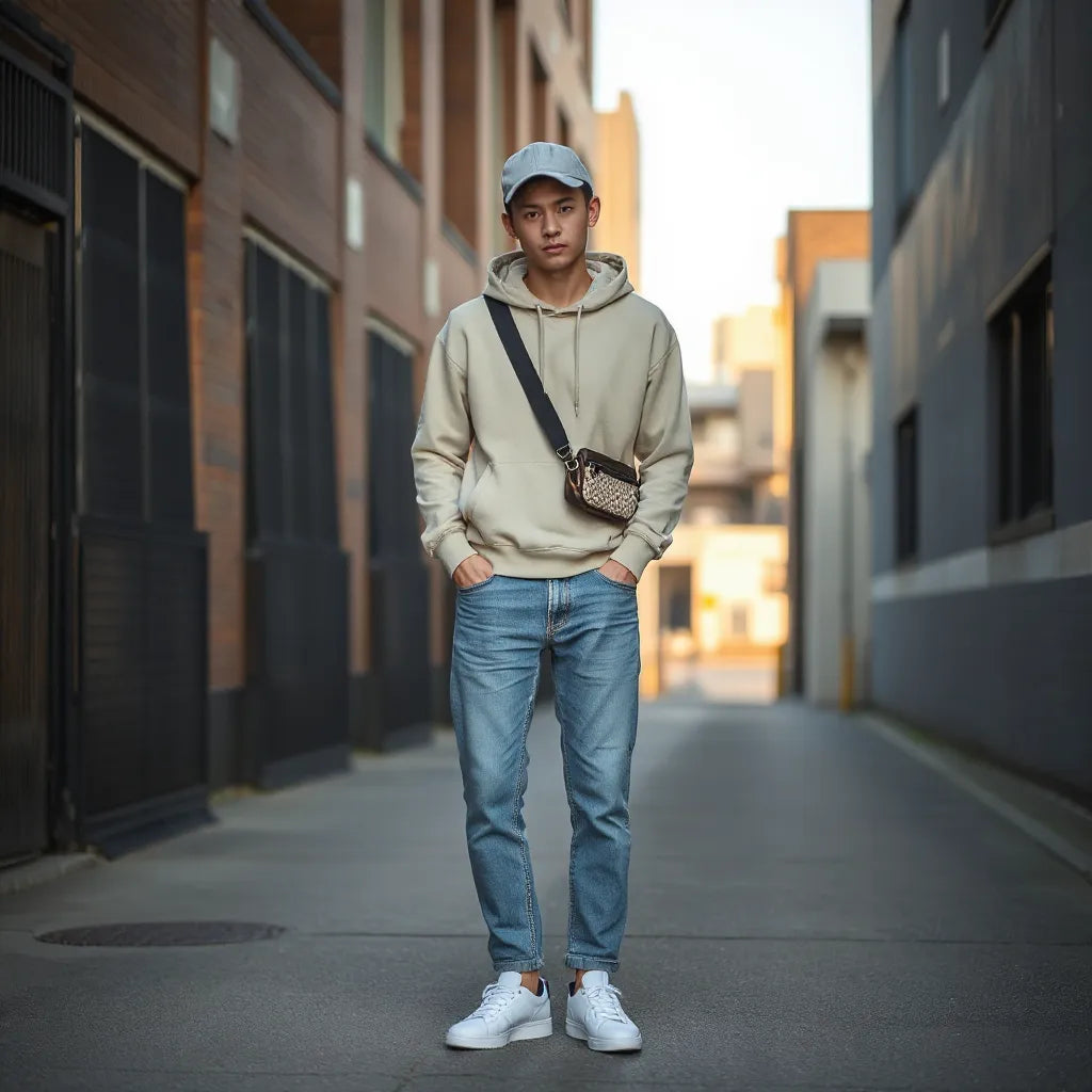 Person in an urban alley wearing a hoodie, jeans, and clean sneakers with a crossbody bag