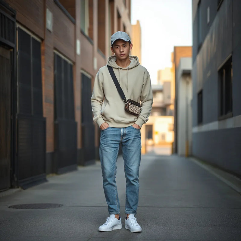 Person in an urban alley wearing a hoodie, jeans, and clean sneakers with a crossbody bag
